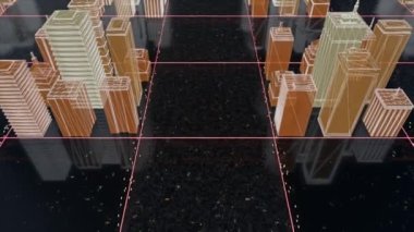 Modern mimari ve kentsel planlama kavramı, 3 boyutlu arka plan. Animasyon. Kozmik yıldızlı arka planda şehrin turuncu düzeni.