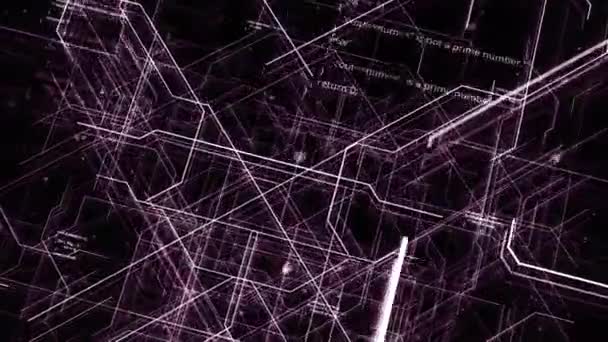 Абстрактний ультрафіолетовий світиться тунель з літаючими лініями коду, безшовна петля. Анімація. Пролітаючи через цифровий технологічний коридор . — стокове відео