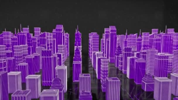 Abstract kleurrijke constructies van een kleurrijke stad 3D lay-out. Animatie. Vliegen boven wolkenkrabbers en gebouwen van een digitale stad. — Stockvideo