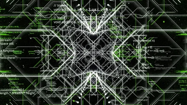 Inteligencia artificial creando conexiones de colores blanco y verde, lazo sin costuras. Animación. Líneas de código abstractas entre rayas verdes y blancas en movimiento. — Foto de Stock