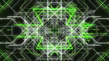 Yapay zeka, beyaz ve yeşil renklerle kusursuz döngüler yaratıyor. Animasyon. Hareket eden yeşil ve beyaz çizgiler arasında soyut kod satırları.
