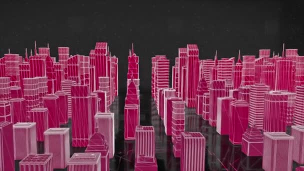 Rosa isometrische Stadtlandschaft auf schwarzem kosmischen Hintergrund mit fliegenden weißen Teilchen. Animation. Bunt kontrastierendes Stadtprojekt. — Stockvideo