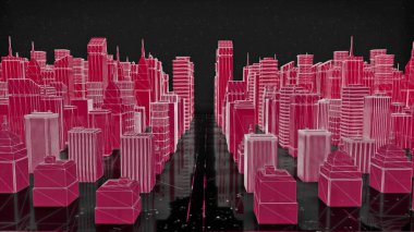 Siyah kozmik zemin üzerinde uçan beyaz parçacıklarla pembe Isometric şehir manzarası. Animasyon. Renkli karşıt şehir projesi.