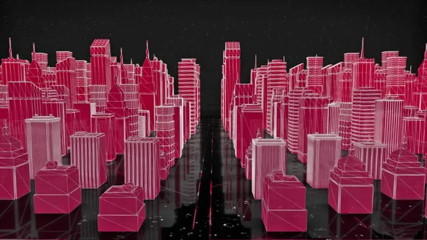 Pink Isometric city landscape on black cosmic background with flying white particles. Animation. Colorful contrasting city project.