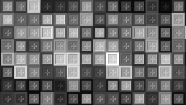 Des rangées abstraites de carrés monochromes clignotants avec une icône plus sur un fond noir, boucle transparente. Motion. Motif géométrique avec segments courts croisés et carrés chatoyants. — Video