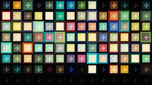 Righe astratte di quadrati colorati lampeggianti con un'icona più su uno sfondo nero, loop senza soluzione di continuità. Mozione. Modello geometrico con segmenti corti incrociati e quadrati luccicanti. — Video Stock