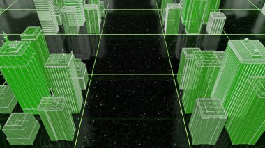 Beyaz yıldızlı, siyah bir arka planda, yeşil renkli, kusursuz 3D şehir teli. Animasyon. Soyut kare yüzeydeki neon binalar.