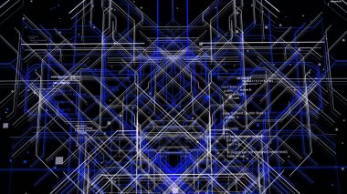 Mavi ve beyaz kesişen borular, siyah arkaplan üzerinde metin bilgileri olan, kusursuz bir döngü. Animasyon. Soyut siber uzayda uçmak.