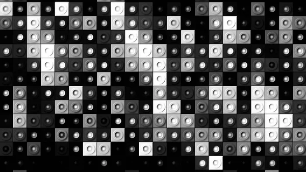 Huge amount of randomly moving cubes with circles inside them, seamless loop, black and white. Motion. Monochrome blinking squares wall. — Stock Photo, Image