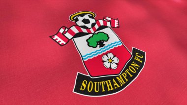 Southampton futbol kulübünün soyut logosu pembe sallanan bayrak arka planında. Hareket. Profesyonel spor kulübü amblemi. Sadece yazı işleri için..