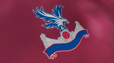 Crystal Palace profesyonel futbol kulübünün mor, mavi ve beyaz amblemindeki soyut kartal. Hareket. Spor kulübünün sallanan bayrağı. Sadece yazı işleri için..