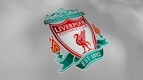 Abstract logotype of Liverpool football club on silver waving flag background. Motion. Professional sport club emblem. For editorial use only. — Stock Photo, Image