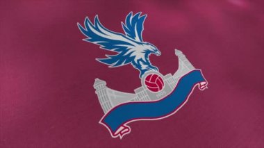Crystal Palace profesyonel futbol kulübünün mor, mavi ve beyaz amblemindeki soyut kartal. Hareket. Spor kulübünün sallanan bayrağı. Sadece yazı işleri için..