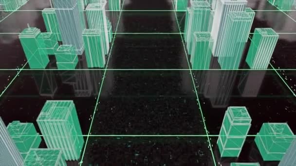 Zökkenőmentes hurkolás 3D-s város wireframe zöld színű egy fekete háttér fehér csillagok. Animáció. Neon épületek az absztrakt négyzetfelületen. — Stock videók