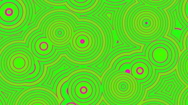 Titreşen dairelerin parlak dönüşleri. Tasarım. Keskin titreşimli daireler ve halkalarla dolu parlak bir arka plan. Renkli arkaplanda bir sürü hareketli ve titreşimli halka olan arkaplan