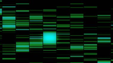 Siyah zemin üzerinde yansıtıcı uzun renkli çizgilerden oluşan bir duvar, pürüzsüz bir döngü. Hareket. Çoğunlukla yeşil yanıp sönen çizgiler..