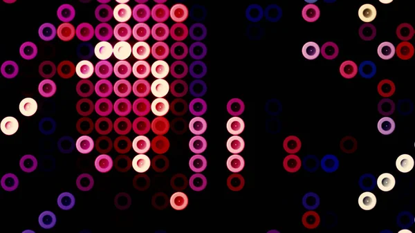 Abstrakt runda formade färgglada knappar rör sig på en svart bakgrund, sömlös loop. Rörelse. Ringsilhuetter som löper i lila toner. — Stockfoto