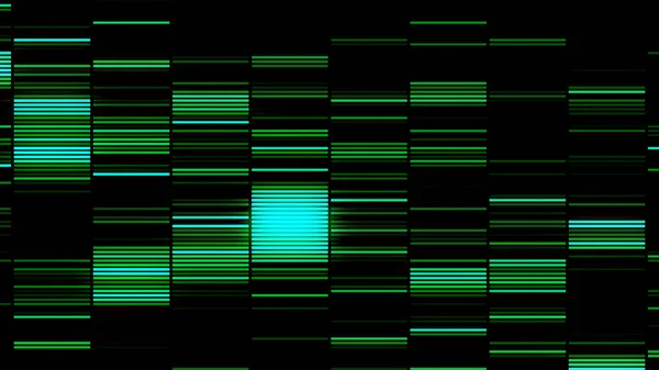 Стіна відбивних довгих різнокольорових смуг на чорному тлі, безшовна петля. Рух. Переважно зелені блимаючі лінії . — стокове фото