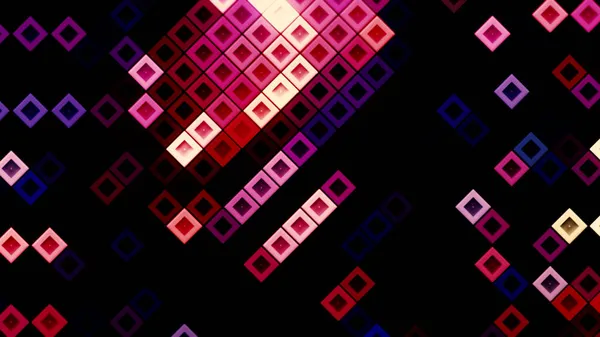 Absztrakt többszínű mozaik villogó hurok háttér. Indítvány. Véletlenszerűen mozgó kis sziluettek azonos méretű négyzetek fekete alapon. — Stock Fotó