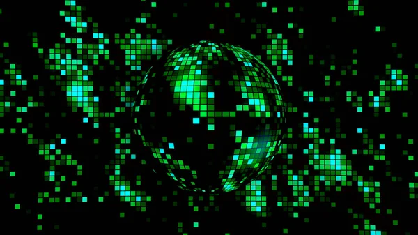 抽象的像素化旋转明亮的球体与数百万发光的粒子在一个黑色的背景，无缝的循环。行动。带玻璃反射碎片的旋转圆形3D物体 — 图库照片
