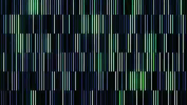 A wall of reflective long multicolored stripes on a black background, seamless loop. Motion. Mainly green blinking lines. — Stock Video