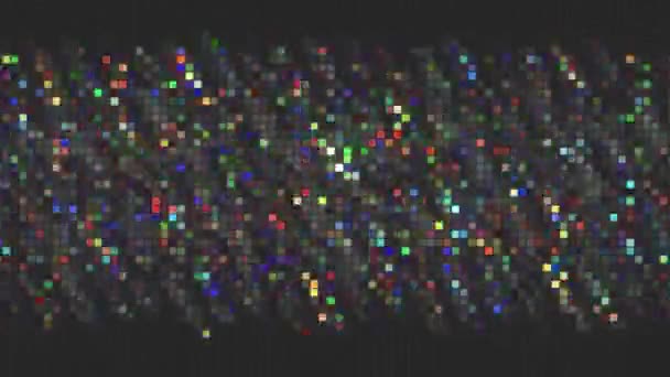 Fondo abstracto con efecto de glitch de píxeles en colores oscuros, bucle sin costuras. Moción. Filas de rectángulos multicolores parpadeando por la pantalla. — Vídeos de Stock