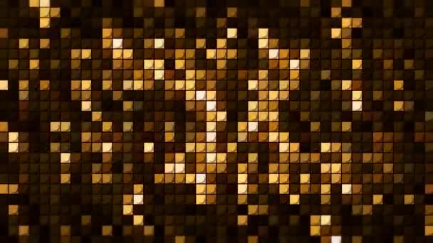 Funkelnde goldene Hi Tech-quadratische Partikel auf schwarzem Hintergrund, nahtlose Schleife. Bewegung. Bühnenbeleuchtung, Konzeption von Musikkonzerten. — Stockvideo
