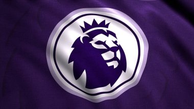 Yeni İngiliz Premier Ligi logosunun logosuyla soyut bayrak sallıyor. Hareket. Çemberin içinde taç takan bir aslan. Sadece yazı işleri için..