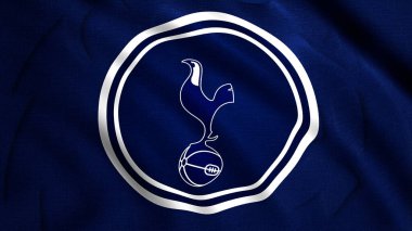 İngiltere futbol kulübü Tottenham Hotspur 'un animasyon logosu. Hareket. Mavi dalgalı arka planda topun üzerinde duran dövüş horozunun silueti. Sadece yazı işleri için..