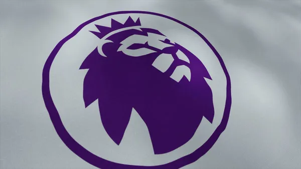 Zwaaiende abstracte vlag met het logo van de nieuwe Engelse Premier League. Beweging. Een leeuw met een kroon in een cirkel. Uitsluitend voor redactioneel gebruik. — Stockfoto