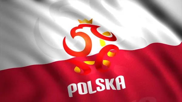 Bandera blanca y roja abstracta con una silueta de águila ondeando en el viento. Moción. Logotipo de la selección nacional de fútbol de Polonia. Únicamente para uso editorial. — Foto de Stock