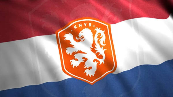 Flaga reprezentacji Holandii w piłce nożnej, abstrakcyjna tkanina z falami. - Wniosek. Czerwona, biała i niebieska flaga z lwem na herbie. Wyłącznie do użytku redakcyjnego. — Zdjęcie stockowe
