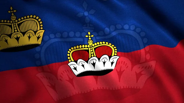 Bandeira nacional do Liechtenstein balançando ao vento, loop sem costura. Moção. Abstrato acenando bandeira vermelha e azul com coroas. — Fotografia de Stock