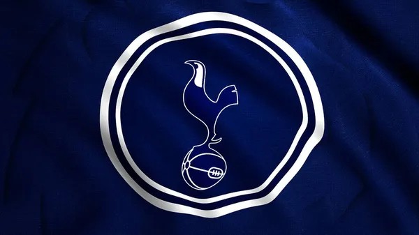 Geanimeerd logo van Engelse voetbalclub Tottenham Hotspur. Beweging. Silhouet van de vechtende haan staand op een bal op blauwe golvende achtergrond. Uitsluitend voor redactioneel gebruik. — Stockfoto