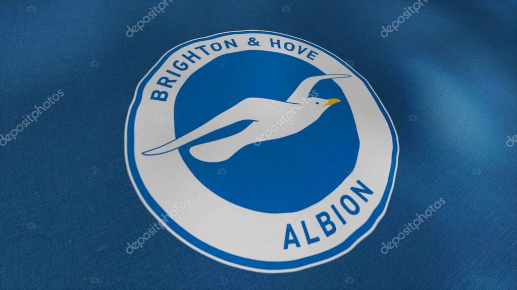 Seamless loop wavy motion of a blue football club flag with a white seagull. Motion. The emblem of the Brighton and Hove Albion football club. For editorial use only