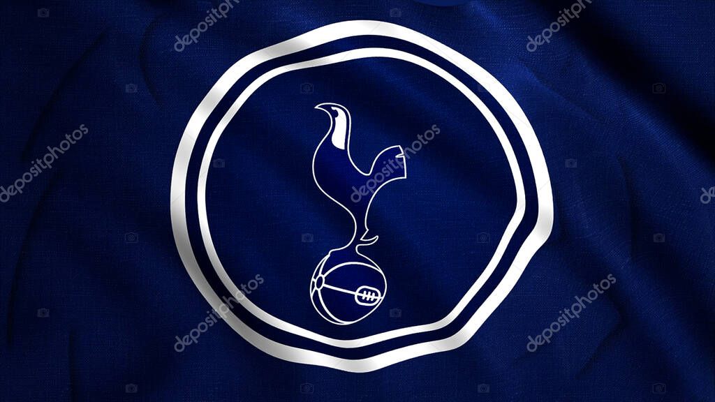 Animated logo of England football club Tottenham Hotspur. Motion. Silhouette of the fighting cock standing on a ball on blue waving background. For editorial use only