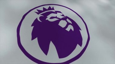 Yeni İngiliz Premier Ligi logosunun logosuyla soyut bayrak sallıyor. Hareket. Çemberin içinde taç takan bir aslan. Sadece yazı işleri için..