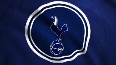İngiltere futbol kulübü Tottenham Hotspur 'un animasyon logosu. Hareket. Mavi dalgalı arka planda topun üzerinde duran dövüş horozunun silueti. Sadece yazı işleri için..