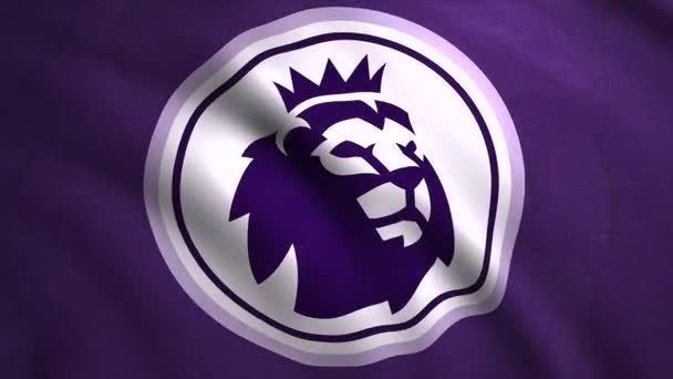 Schwenkt eine abstrakte Fahne mit dem Logo der neuen englischen Premier League. Bewegung. Ein Löwe mit einer Krone im Kreis. Nur für redaktionelle Zwecke. — Stockvideo