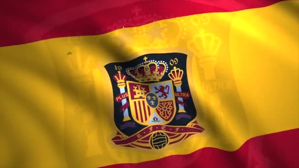 Hiszpańska flaga narodowa trzepocząca na wietrze, płynna pętla. - Wniosek. Abstrakcyjne machanie czerwono-żółtą flagą z herbem. — Wideo stockowe