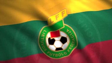 Kırmızı, sarı ve yeşil dalgalı bayrak. Amblemde yuvarlak bir top var. Hareket. Litvanya Milli Futbol Takımı 'nın logotype' u, kusursuz döngü. Sadece yazı işleri için..