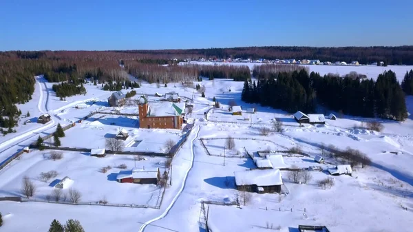 Zimní pohled z dronu. Klip. Obec je hned vedle malé oblasti s malými domky, za nimiž je holý studený zimní les a jasná modrá obloha. — Stock fotografie