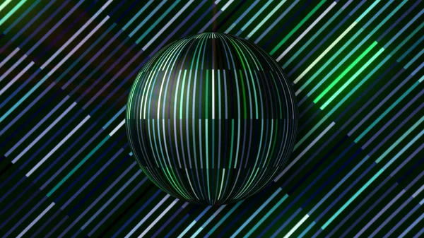 Gros plan d'une boule miroir disco réfléchissante colorée tournant lentement sur un fond rayé coloré. Motion. Balle miroir tournant sur fond noir, boucle transparente. — Photo