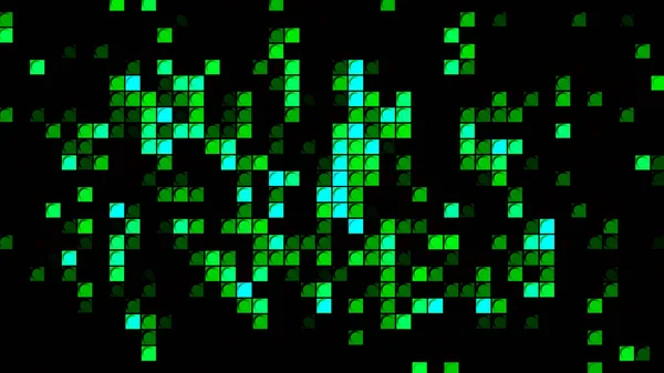 Fond abstrait de mouvement avec pixels verts clignotant et clignotant sur un fond noir, boucle transparente. Motion. Danse colorée de carrés clignotants aléatoirement. — Photo