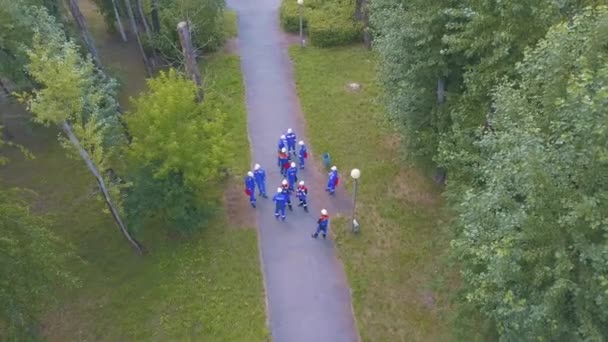Het uitzicht vanaf de drone. Een knip. Werknemers met speciale kleding staan in een groen bos en werken — Stockvideo