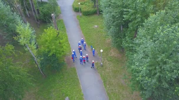 A vista do drone. Clipe. Trabalhadores com roupas especiais estão de pé em uma floresta verde e trabalhando — Vídeo de Stock