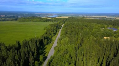 Kuş bakışı görüş. Şarjör. Arkasında kuru tarlalar ve kilometre taşında güzel, berrak bir gökyüzü olan büyük bir orman ve uzakta küçük bir gölet görülebilir..