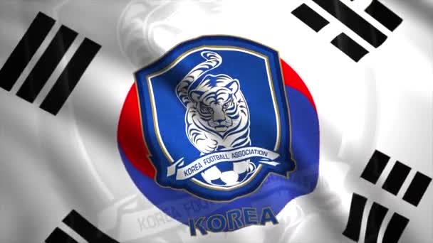 Волнистый тканевый фон южнокорейской футбольной ассоциации. Движение. Цветной волнистый флаг с эмблемой тигра, бесшовная петля. Только для редакционного использования. — стоковое видео