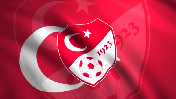 Abstract turkish football federation flag. Motion. Red and white waving flag with the ball and crescent on the emblem. For editorial use only. — Stock Video