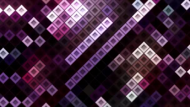 黒の背景にピンクと紫の立方体の図形を実行して、シームレスなループ。動きだ。ヴィンテージコンピュータゲームの要約可視化. — ストック動画